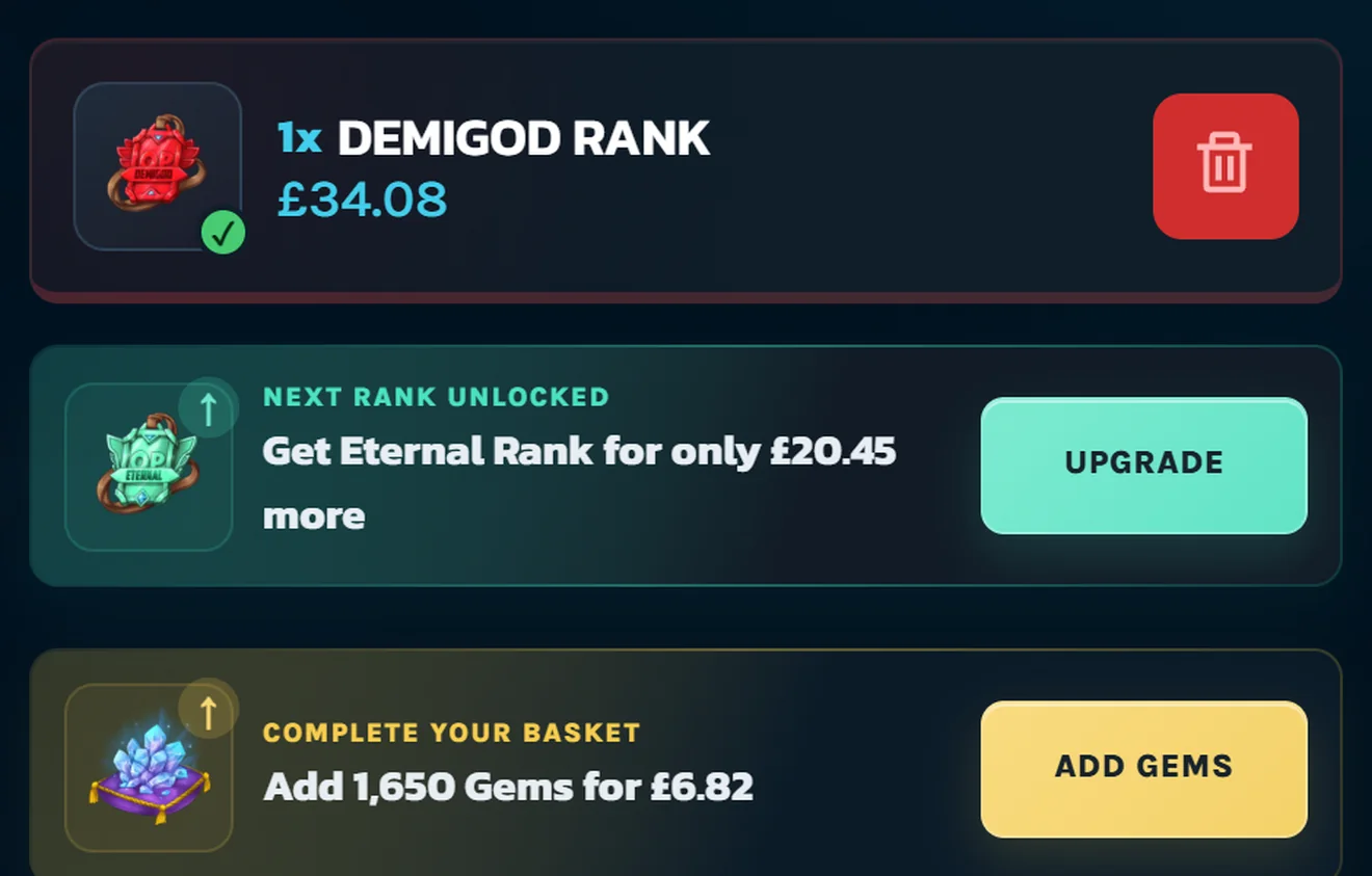 A basket holding one Demigod Rank, with an offer to upgrade to Eternal Rank for twenty pounds forty-five more and an offer to add 1,650 gems for six pounds eighty-two.