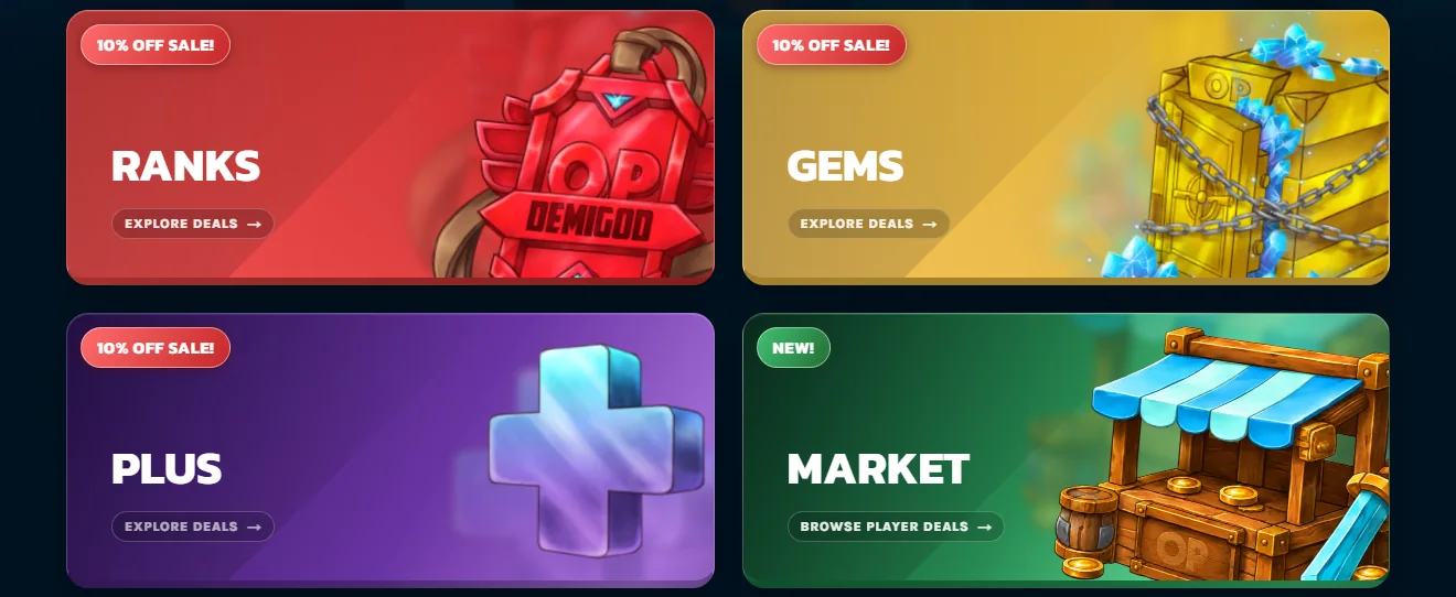 Four illustrated category tiles, Ranks, Gems, Plus and Market, above a row of four reassurance cards.