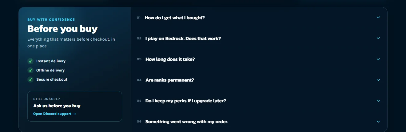 A Before you buy panel answering delivery, Bedrock support, timing and permanence, beside a Discord support link.