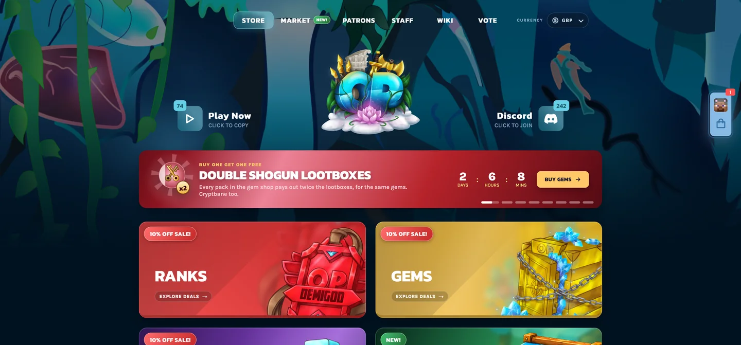 The rebuilt OraclePvP store home page: a rotating offer banner with a live countdown and a Buy Gems button above discounted category tiles.