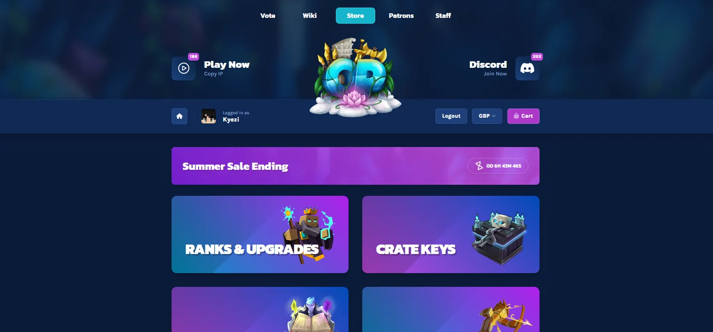 The old OraclePvP store home page: a top navigation bar, a large server logo and a grid of category tiles.