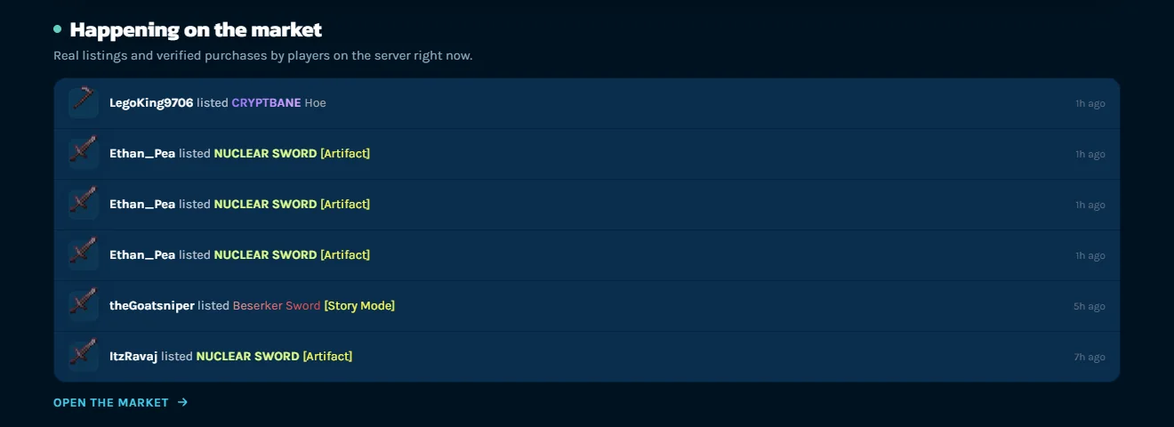 A live feed of real player purchases and market listings, each with a timestamp.