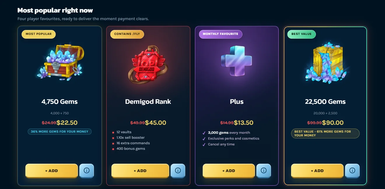 Four featured packages badged Most popular, Contains slash fly, Monthly favourite and Best value, with struck-through prices.