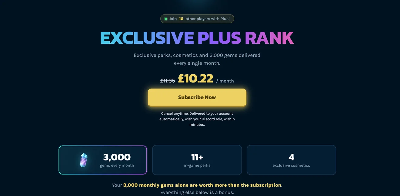 The Plus subscription page offering 3,000 gems every month, eleven in-game perks and four exclusive cosmetics for ten pounds twenty-two a month.