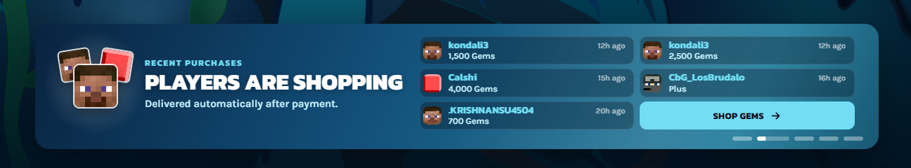Recent player purchases with Minecraft avatars, package names, timestamps and a Shop Gems button.
