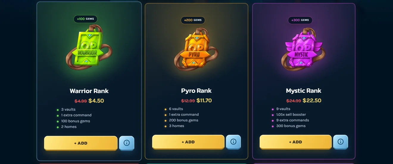The rebuilt OraclePvP rank grid, with bonus gem badges, struck-through prices and one add button per card.