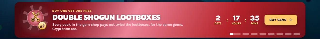A red sale banner reading Double Shogun Lootboxes with a countdown of 2 days 19 hours 28 minutes and a Buy Gems button.
